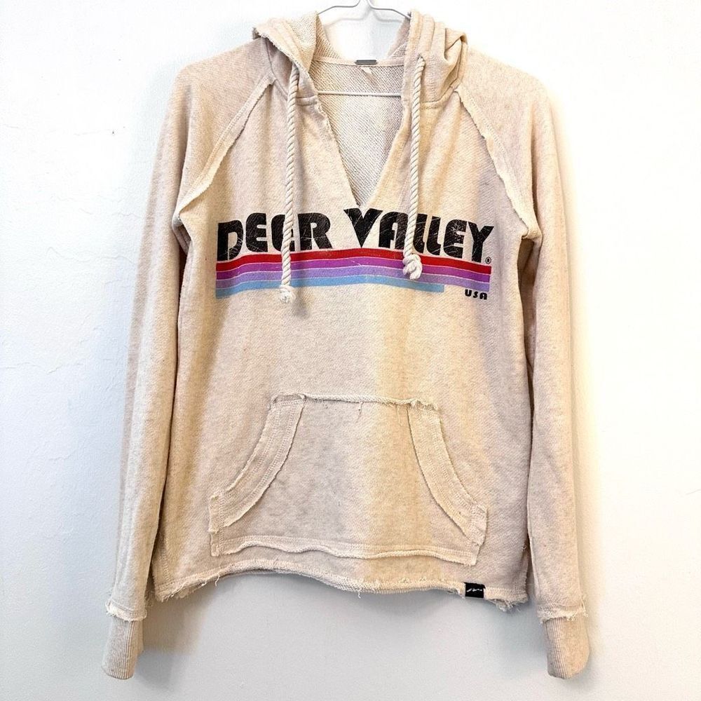 Techstyles Deer Valley Raw Edge Graphic Pullover Hoodie Cream Small